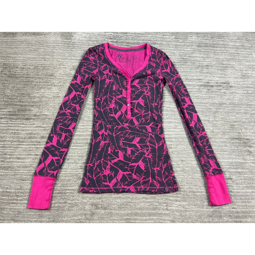 Nollie Henley Top Womens Small Pink Charcoal Feather Print Ribbed Thermal Shirt